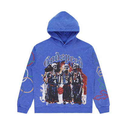 Sweat à capuche homme noir et bleu style vintage délavé (imprimé artisanal) 5520