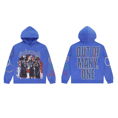 Sweat à capuche homme noir et bleu style vintage délavé (imprimé artisanal) 5520