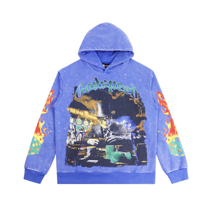 Sweat à capuche homme noir et bleu style vintage délavé (imprimé artisanal) 5521