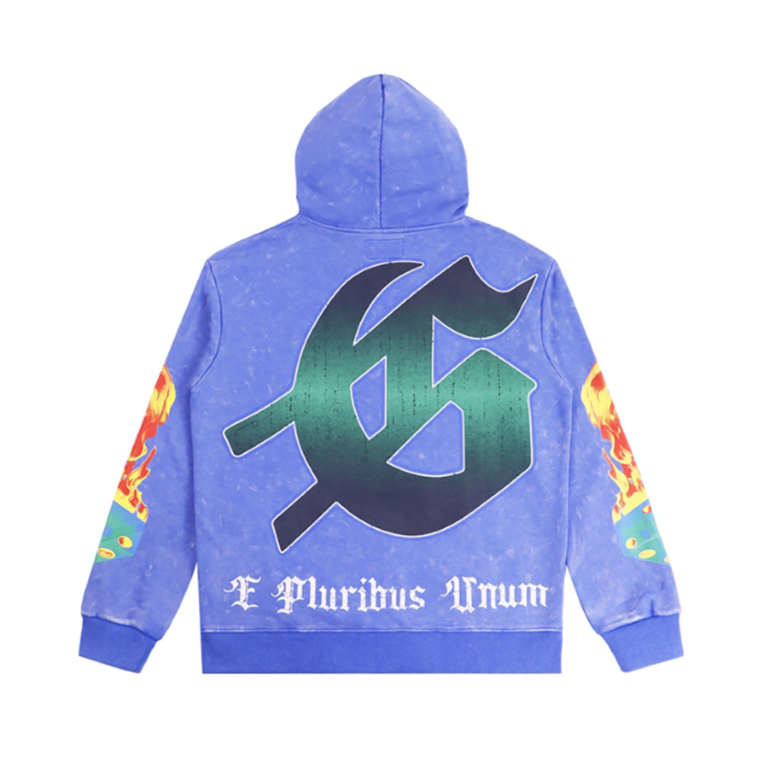 Sweat à capuche homme noir et bleu style vintage délavé (imprimé artisanal) 5521