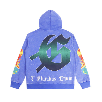 Sweat à capuche homme noir et bleu style vintage délavé (imprimé artisanal) 5521