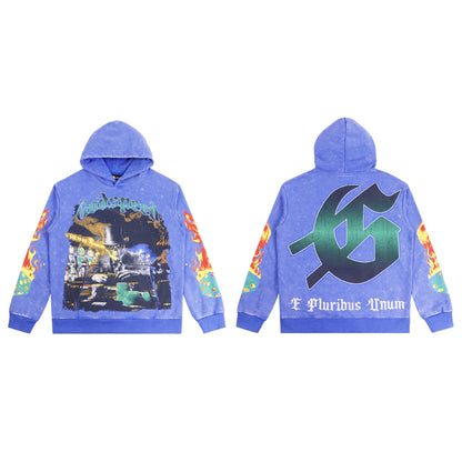 Sweat à capuche homme noir et bleu style vintage délavé (imprimé artisanal) 5521
