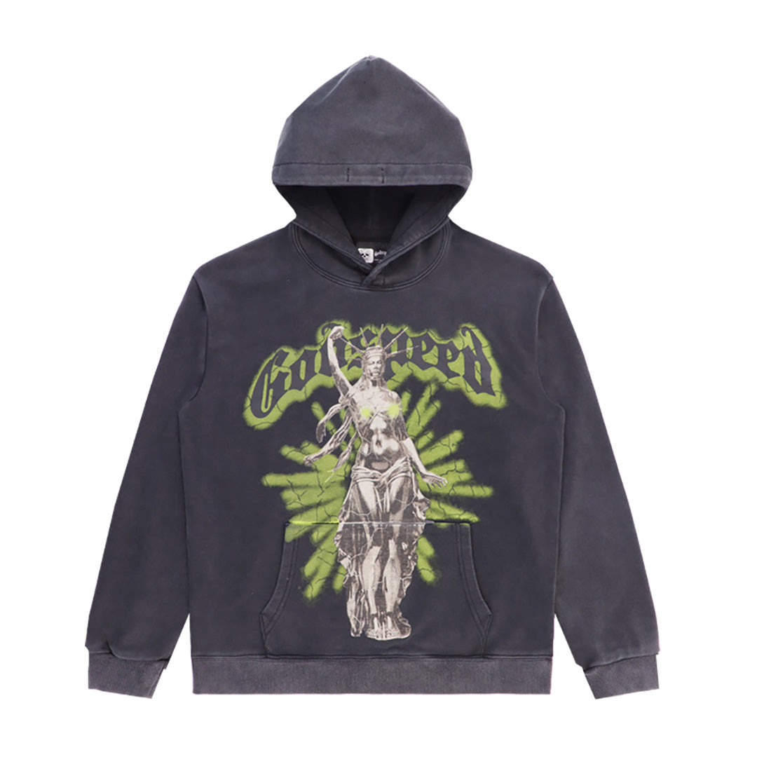 Sweat à capuche homme noir et beige style vintage délavé (imprimé artisanal) 5522