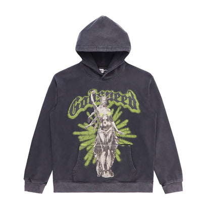 Sweat à capuche homme noir et beige style vintage délavé (imprimé artisanal) 5522