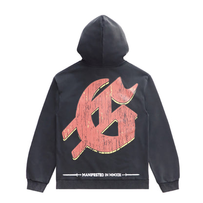 Sweat à capuche homme noir et rouge style vintage délavé (impression artisanale) 5525