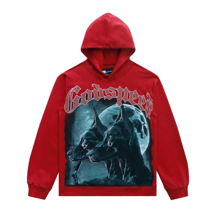 Sweat à capuche homme noir et rouge style vintage délavé (impression artisanale) 5525