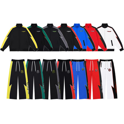 Color Block Lightning Stripe Gothic Print Tracksuit Set Zip-Up Jacket & Pants Streetwear Two-Piece Set 6071 8282