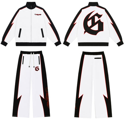 Color Block Lightning Stripe Gothic Print Tracksuit Set Zip-Up Jacket & Pants Streetwear Two-Piece Set 6071 8282