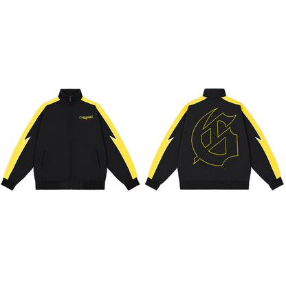 Color Block Lightning Stripe Gothic Print Tracksuit Set Zip-Up Jacket & Pants Streetwear Two-Piece Set 6071 8282