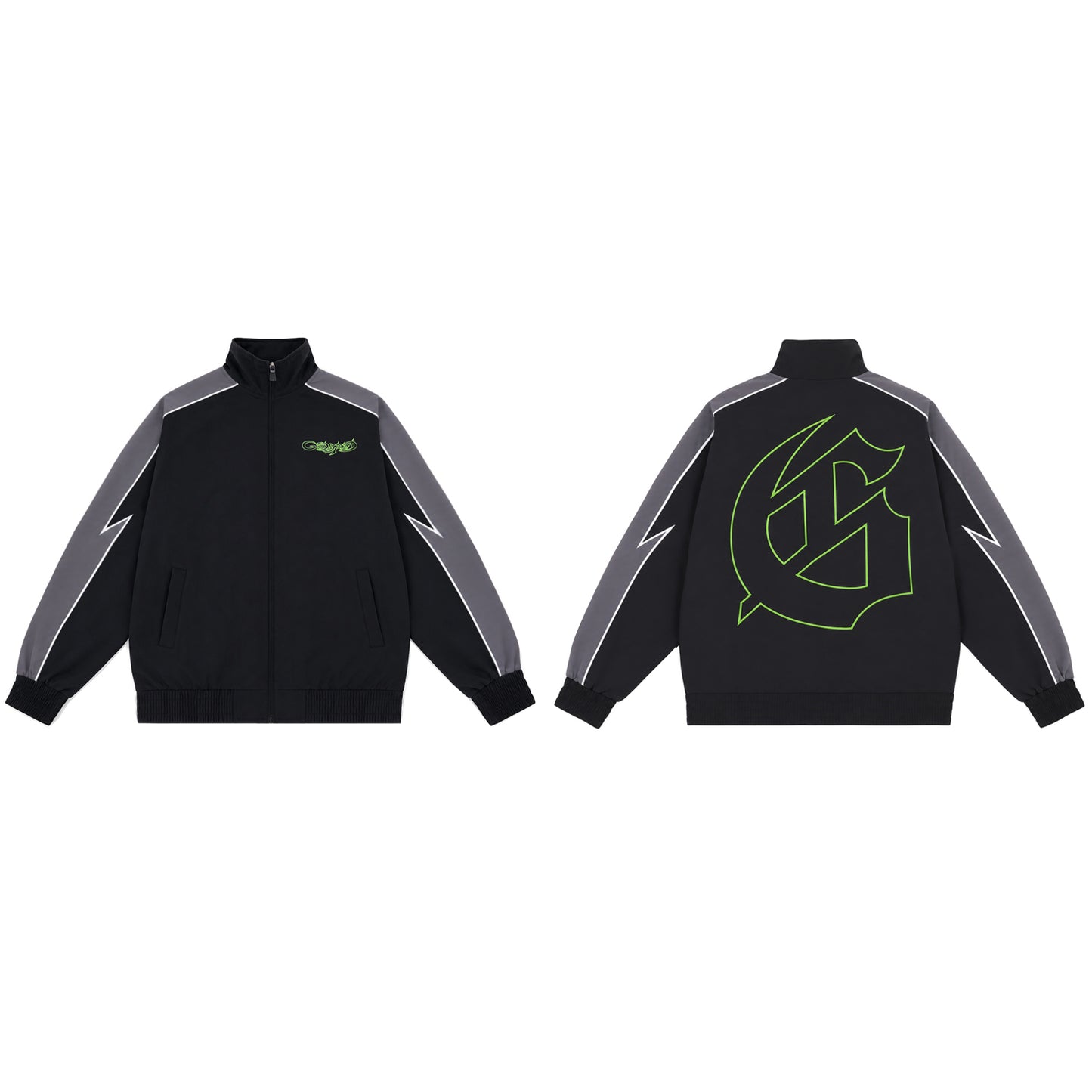 Color Block Lightning Stripe Gothic Print Tracksuit Set Zip-Up Jacket & Pants Streetwear Two-Piece Set 6071 8282