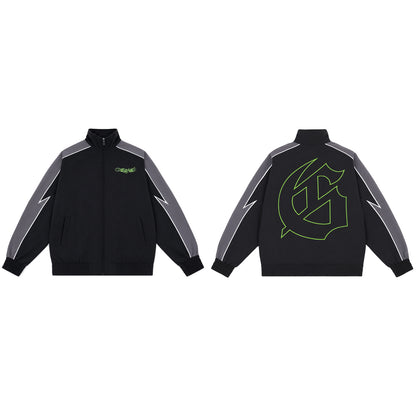 Color Block Lightning Stripe Gothic Print Tracksuit Set Zip-Up Jacket & Pants Streetwear Two-Piece Set 6071 8282