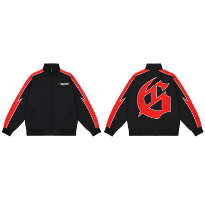 Color Block Lightning Stripe Gothic Print Tracksuit Set Zip-Up Jacket & Pants Streetwear Two-Piece Set 6071 8282