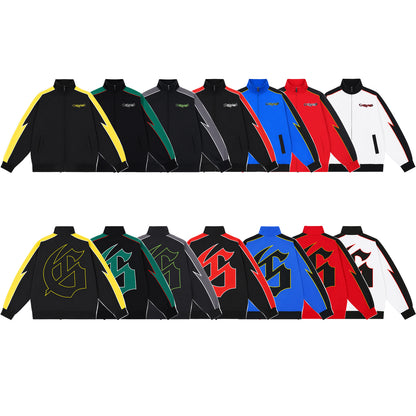 Color Block Lightning Stripe Gothic Print Tracksuit Set Zip-Up Jacket & Pants Streetwear Two-Piece Set 6071 8282