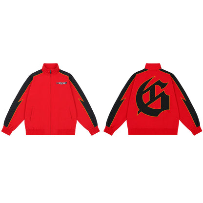 Color Block Lightning Stripe Gothic Print Tracksuit Set Zip-Up Jacket & Pants Streetwear Two-Piece Set 6071 8282