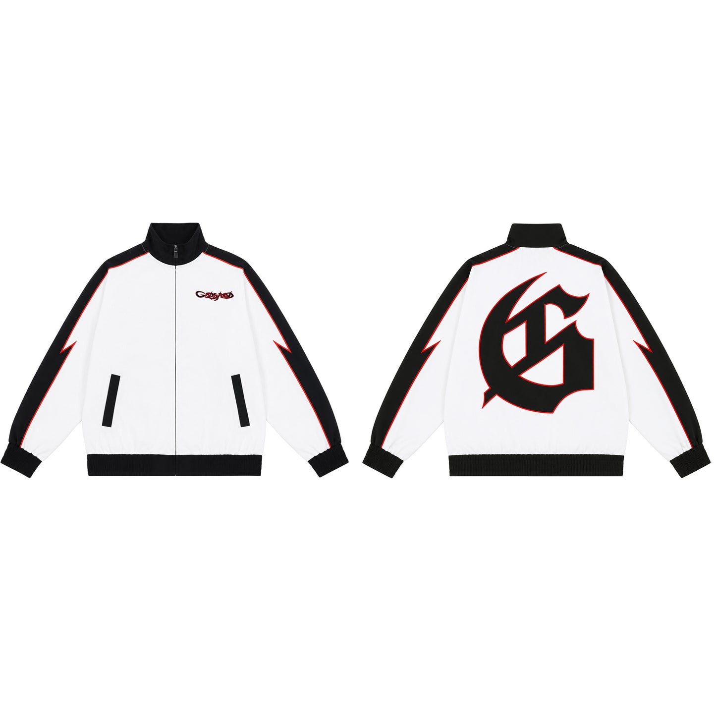 Color Block Lightning Stripe Gothic Print Tracksuit Set Zip-Up Jacket & Pants Streetwear Two-Piece Set 6071 8282