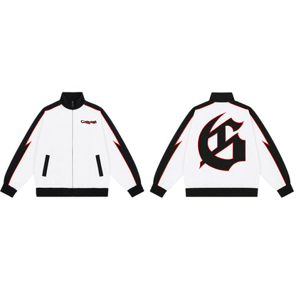 Color Block Lightning Stripe Gothic Print Tracksuit Set Zip-Up Jacket & Pants Streetwear Two-Piece Set 6071 8282