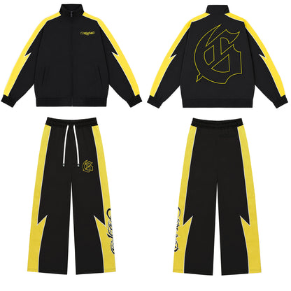 Color Block Lightning Stripe Gothic Print Tracksuit Set Zip-Up Jacket & Pants Streetwear Two-Piece Set 6071 8282