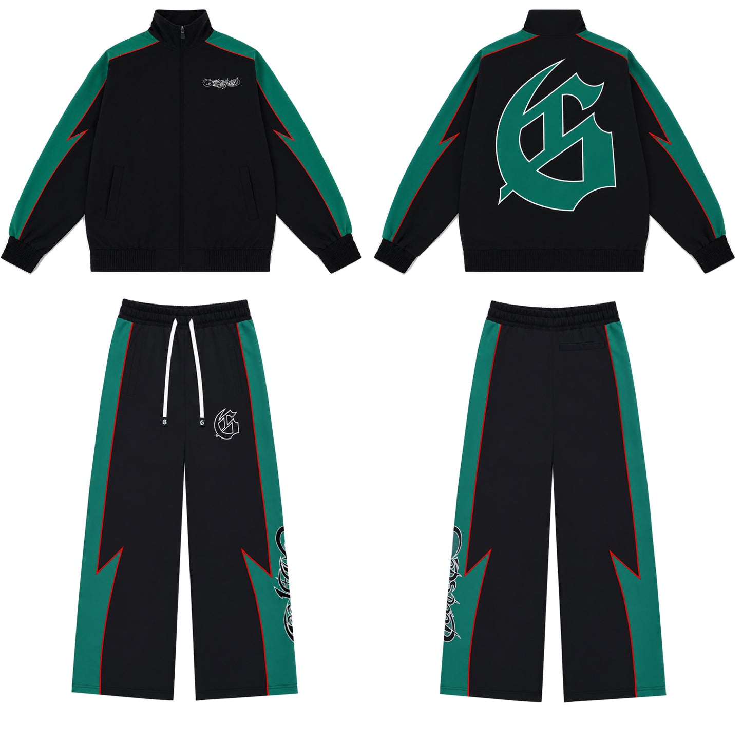 Color Block Lightning Stripe Gothic Print Tracksuit Set Zip-Up Jacket & Pants Streetwear Two-Piece Set 6071 8282