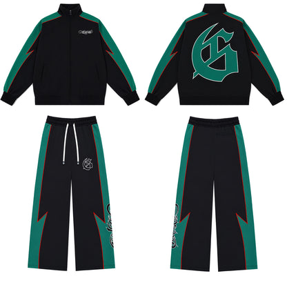 Color Block Lightning Stripe Gothic Print Tracksuit Set Zip-Up Jacket & Pants Streetwear Two-Piece Set 6071 8282