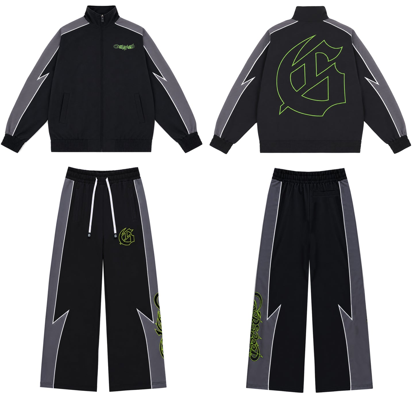 Color Block Lightning Stripe Gothic Print Tracksuit Set Zip-Up Jacket & Pants Streetwear Two-Piece Set 6071 8282