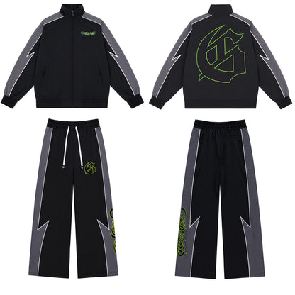 Color Block Lightning Stripe Gothic Print Tracksuit Set Zip-Up Jacket & Pants Streetwear Two-Piece Set 6071 8282