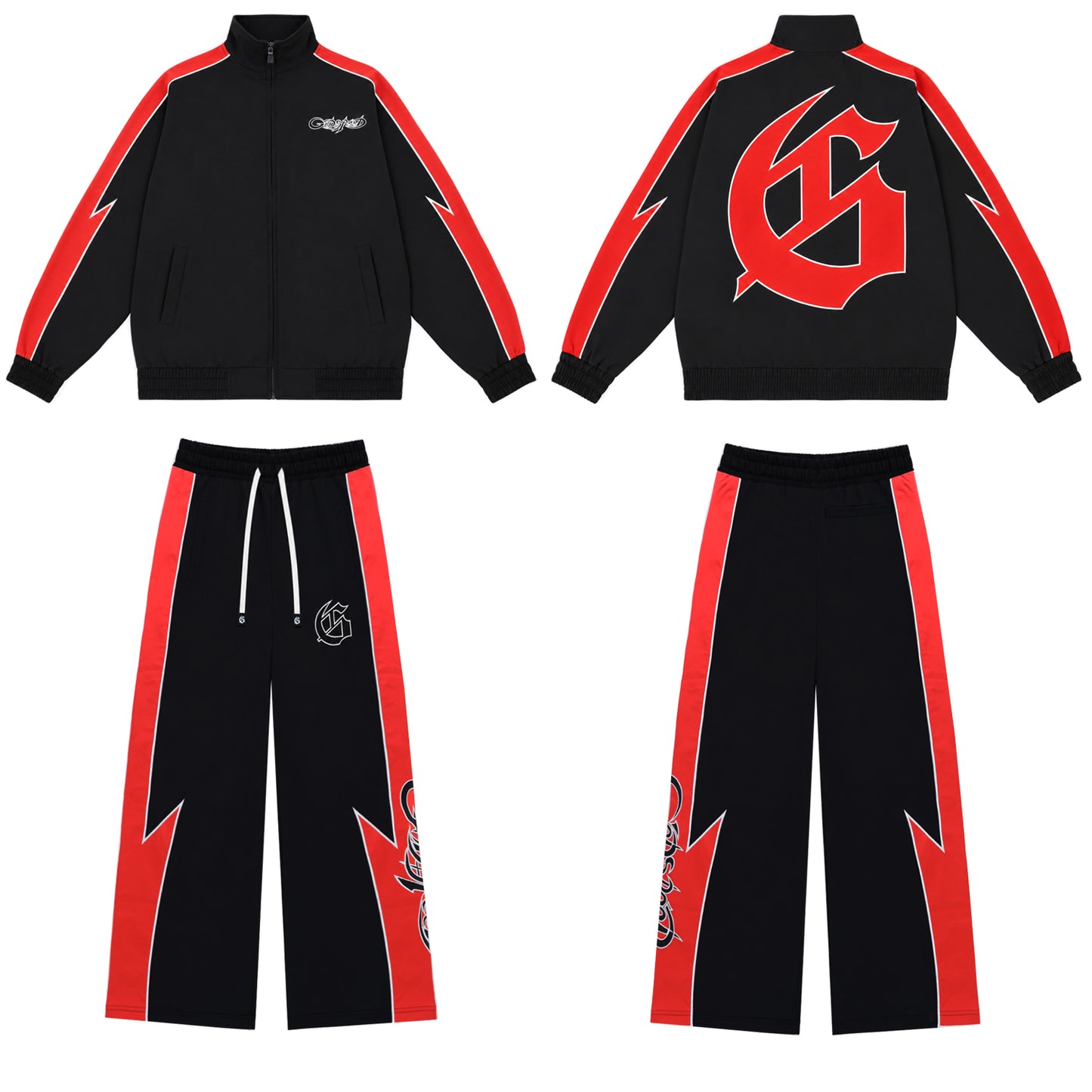 Color Block Lightning Stripe Gothic Print Tracksuit Set Zip-Up Jacket & Pants Streetwear Two-Piece Set 6071 8282