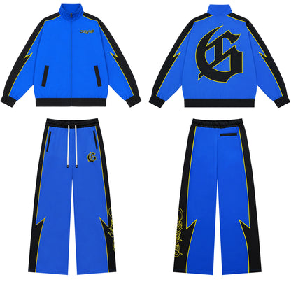 Color Block Lightning Stripe Gothic Print Tracksuit Set Zip-Up Jacket & Pants Streetwear Two-Piece Set 6071 8282