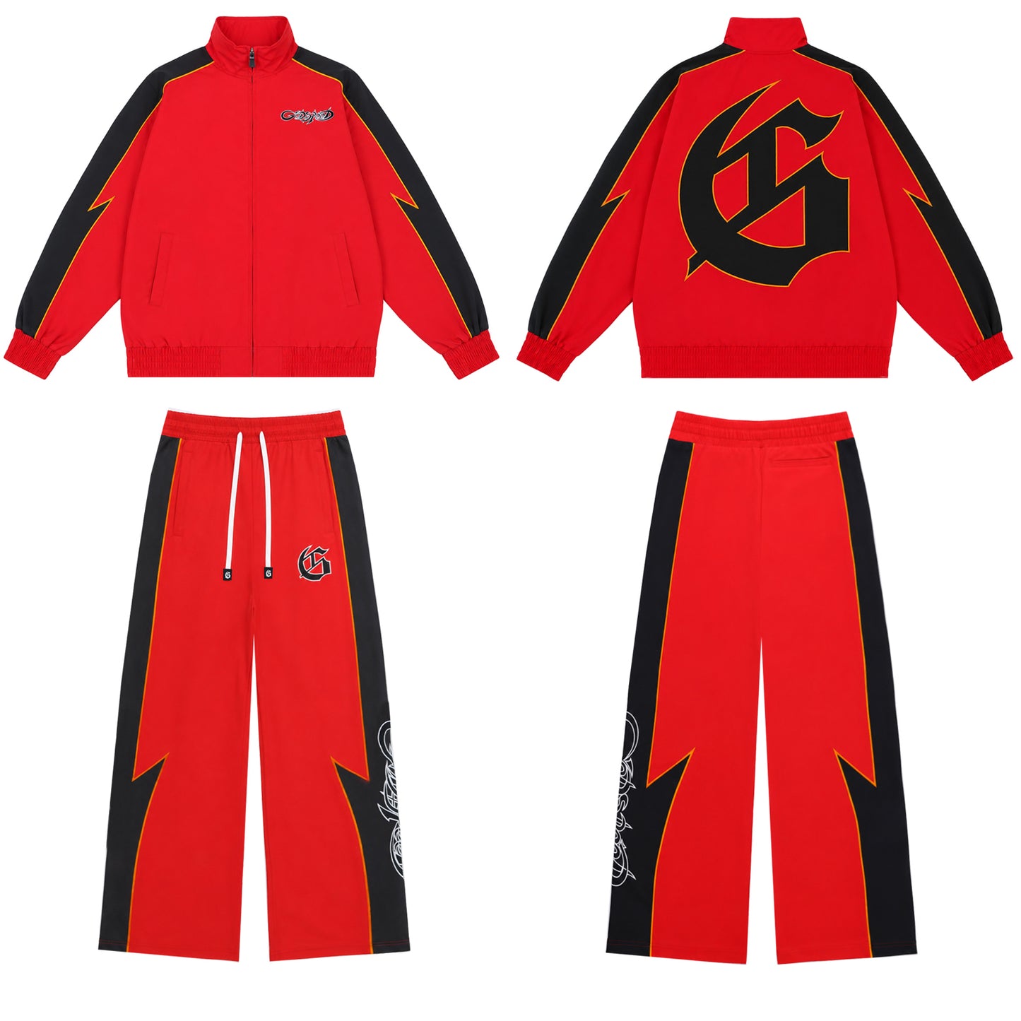 Color Block Lightning Stripe Gothic Print Tracksuit Set Zip-Up Jacket & Pants Streetwear Two-Piece Set 6071 8282