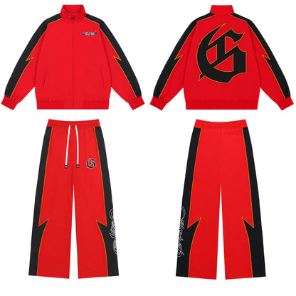 Color Block Lightning Stripe Gothic Print Tracksuit Set Zip-Up Jacket & Pants Streetwear Two-Piece Set 6071 8282