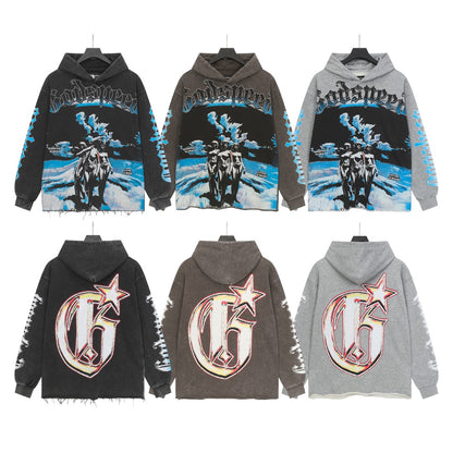 Black & Coffee & Grey Street Vintage Washed Hoodie (Crafted Print) 6853
