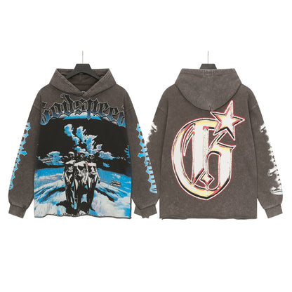 Black & Coffee & Grey Street Vintage Washed Hoodie (Crafted Print) 6853