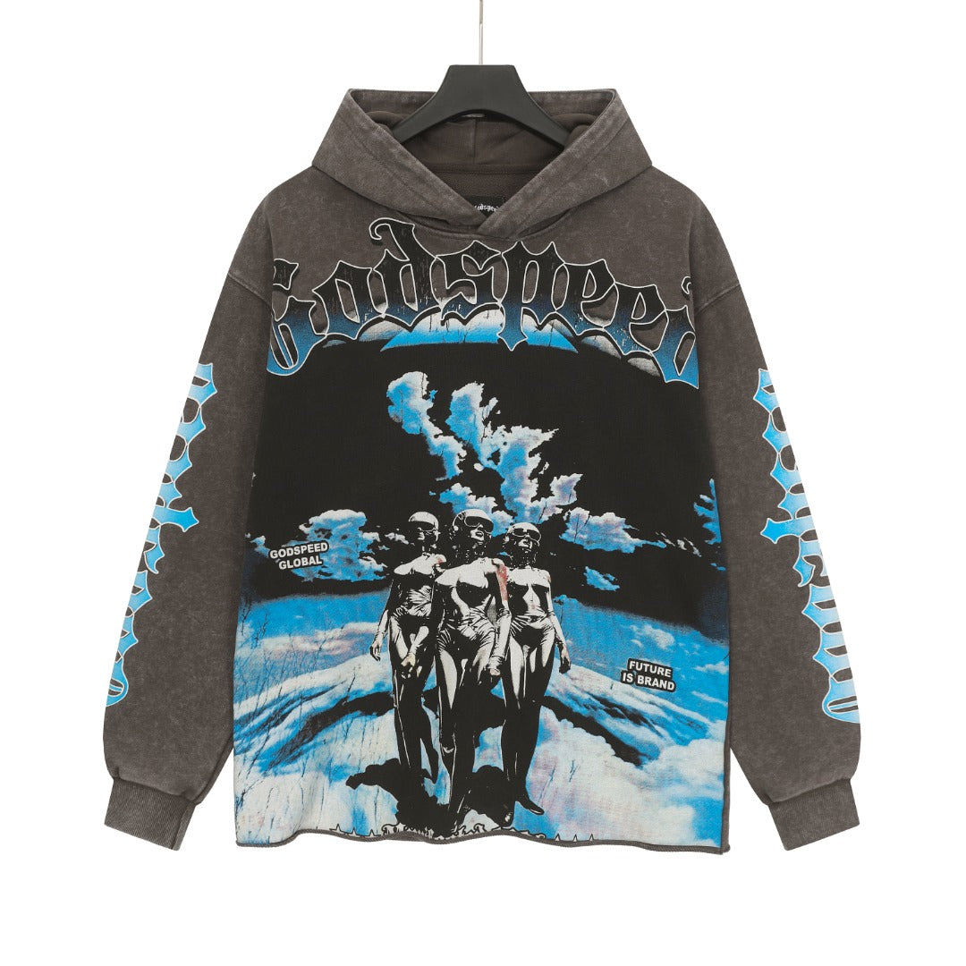 Black & Coffee & Grey Street Vintage Washed Hoodie (Crafted Print) 6853