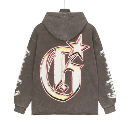Black & Coffee & Grey Street Vintage Washed Hoodie (Crafted Print) 6853