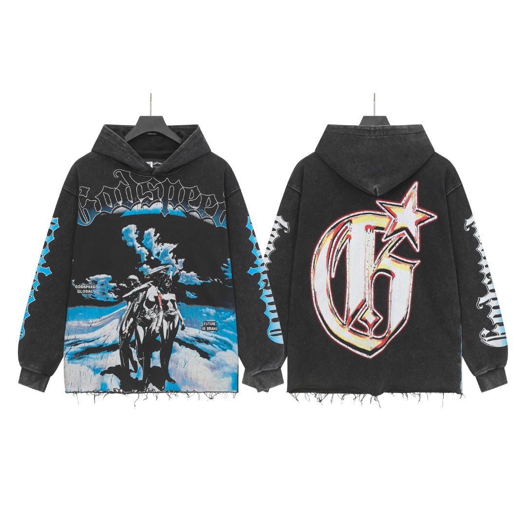 Black & Coffee & Grey Street Vintage Washed Hoodie (Crafted Print) 6853