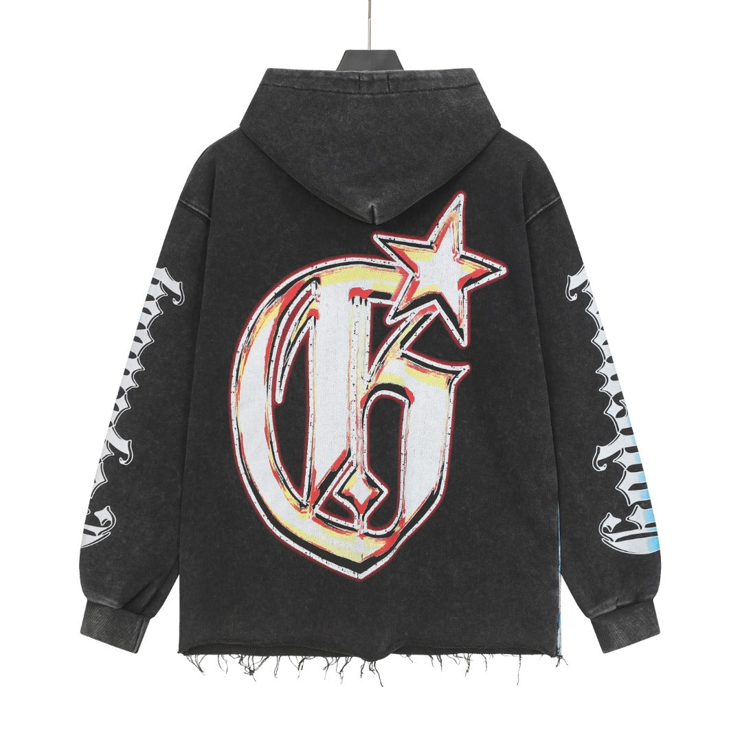 Black & Coffee & Grey Street Vintage Washed Hoodie (Crafted Print) 6853