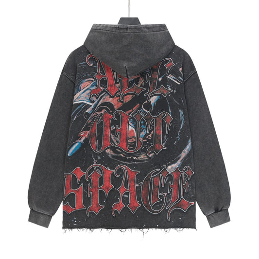 Black & Beige Street Vintage Washed Hoodie (Crafted Print) 6856