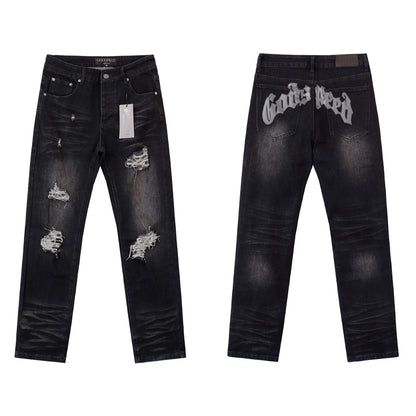 Black & Grey & Blue Loose Fit Denim Pants Streetwear Vintage Style Jeans 8211