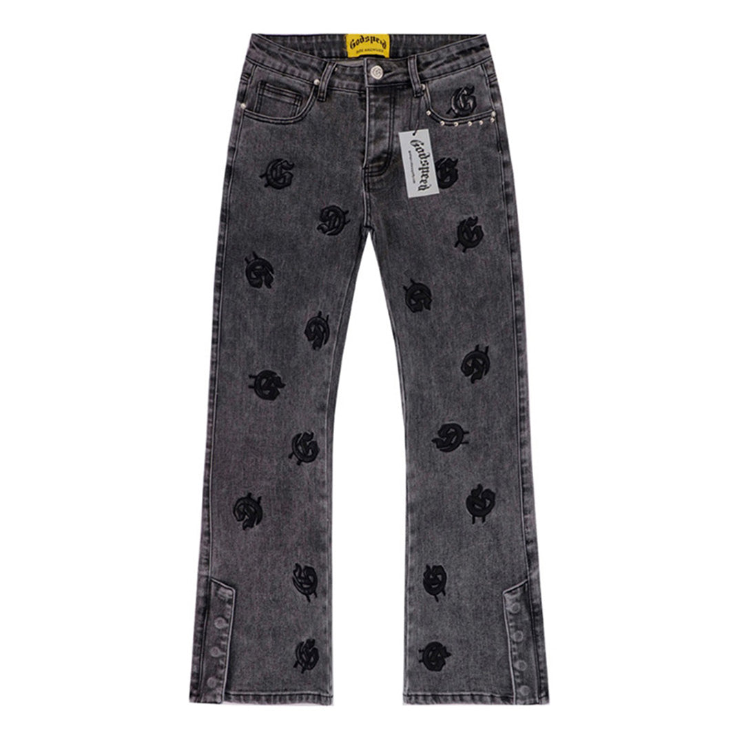 Grey & Blue & Black Loose Fit Denim Pants Streetwear Vintage Style Jeans 8218