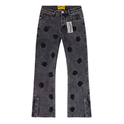 Grey & Blue & Black Loose Fit Denim Pants Streetwear Vintage Style Jeans 8218