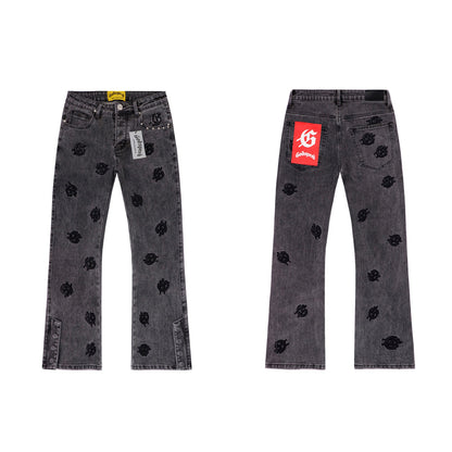 Grey & Blue & Black Loose Fit Denim Pants Streetwear Vintage Style Jeans 8218