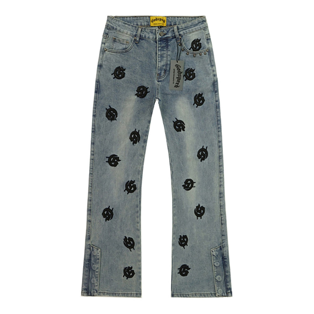 Grey & Blue & Black Loose Fit Denim Pants Streetwear Vintage Style Jeans 8218