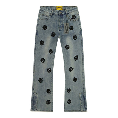 Grey & Blue & Black Loose Fit Denim Pants Streetwear Vintage Style Jeans 8218