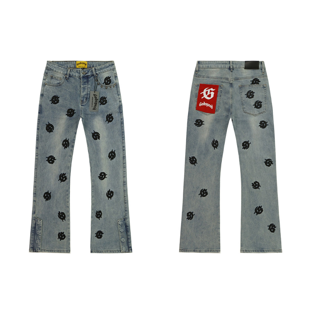 Grey & Blue & Black Loose Fit Denim Pants Streetwear Vintage Style Jeans 8218