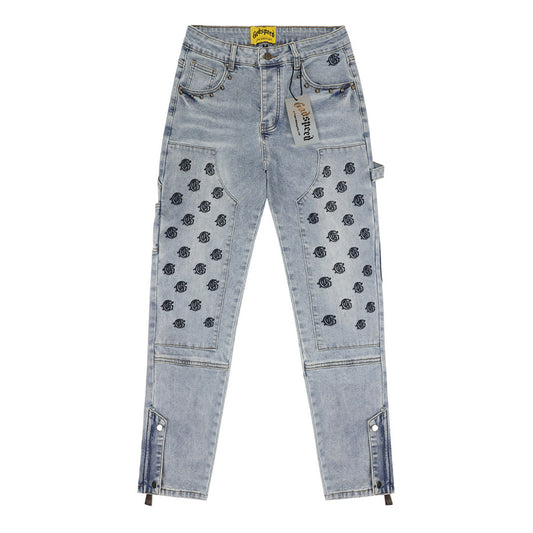 Blue & Gray & Black Loose Fit Denim Pants Streetwear Vintage Style Jeans 8239