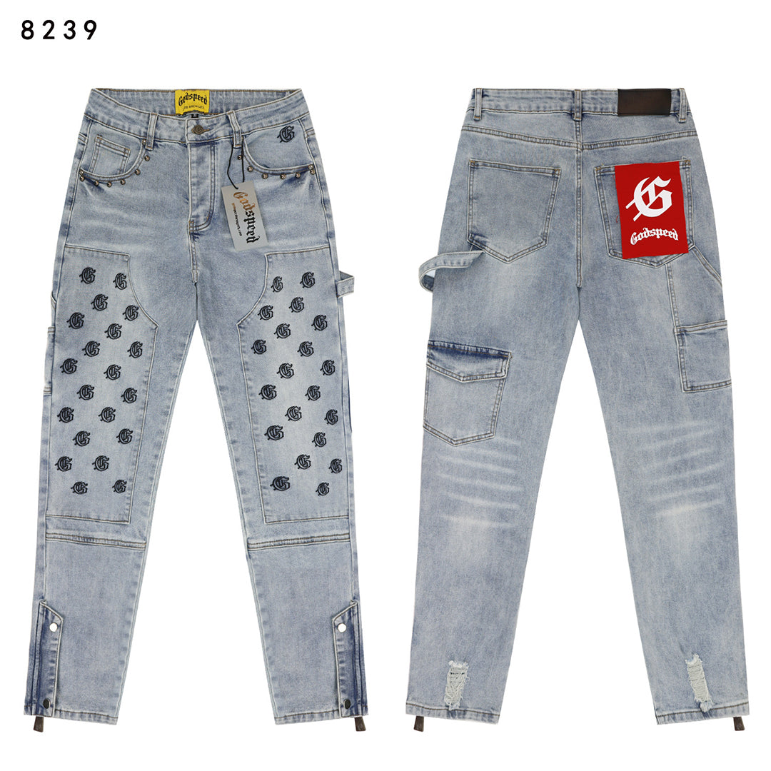 Blue & Gray & Black Loose Fit Denim Pants Streetwear Vintage Style Jeans 8239