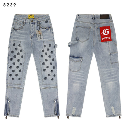 Blue & Gray & Black Loose Fit Denim Pants Streetwear Vintage Style Jeans 8239