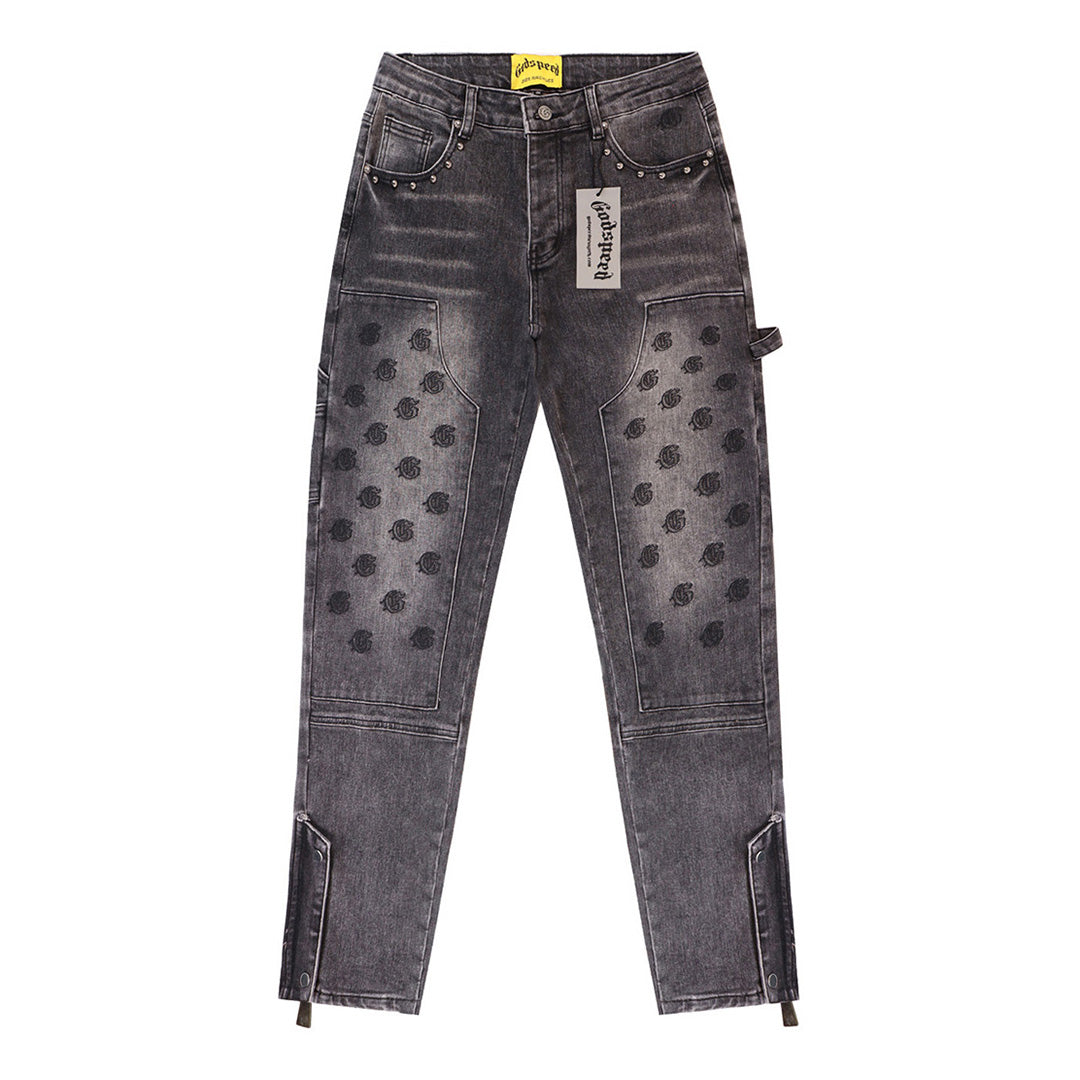 Blue & Gray & Black Loose Fit Denim Pants Streetwear Vintage Style Jeans 8239