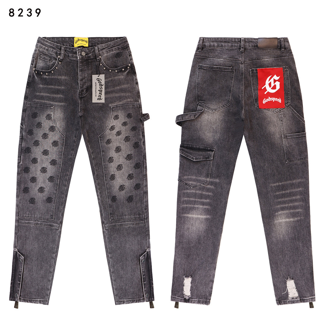 Blue & Gray & Black Loose Fit Denim Pants Streetwear Vintage Style Jeans 8239