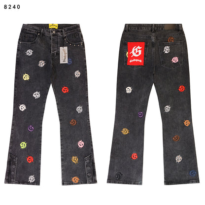 Black & Blue & Gray Loose Fit Denim Pants Streetwear Vintage Style Jeans 8240