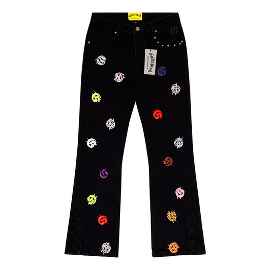 Black & Blue & Gray Loose Fit Denim Pants Streetwear Vintage Style Jeans 8240